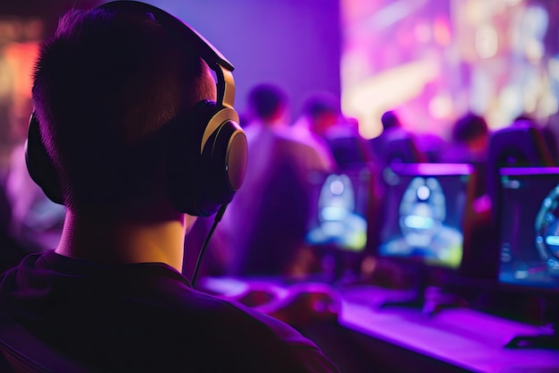 Vista de trás em close-up de um menino gamer com fones de ouvido em uma competição de esportes eletrônicos