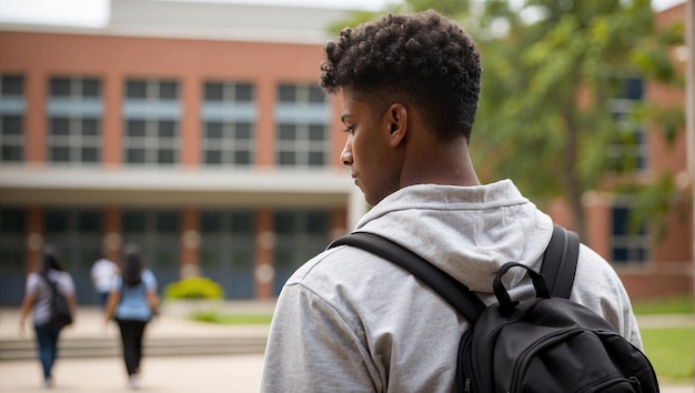 Foto vista de trás estudante do sexo masculino com edifício da escola no fundo