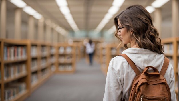 vista de trás estudante feminina com um fundo de biblioteca