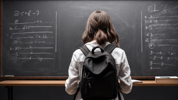 vista de trás estudante feminina com um fundo de quadro preto