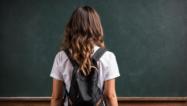 vista de trás estudante feminina com um fundo de quadro preto