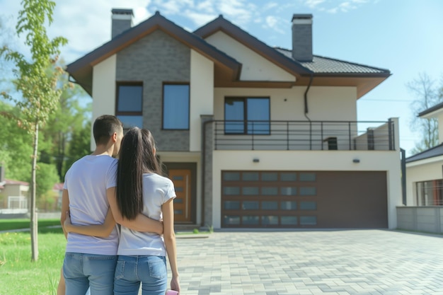 Foto vista de trás família mudando-se para uma nova casa de pé em frente à sua nova casa