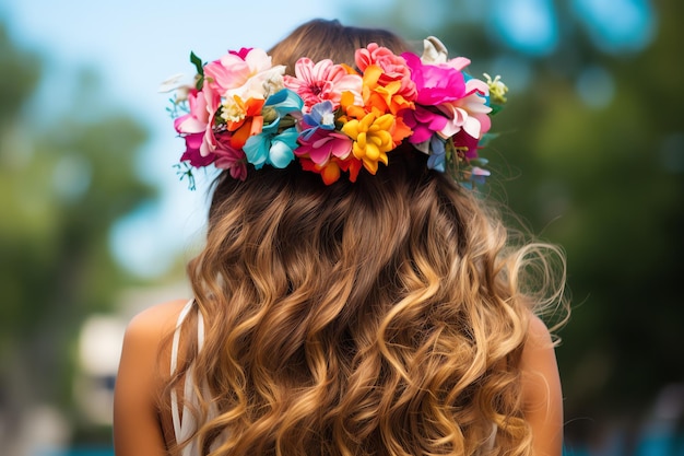 vista de trás oh cabelo de menina com floral coroa de verão acessório de vida simples para o dia de verão em tropical