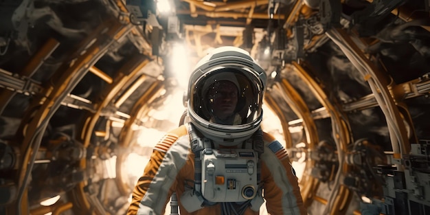 vista de um astronauta em traje enorme nave espacial de luxo abandonada no fundo