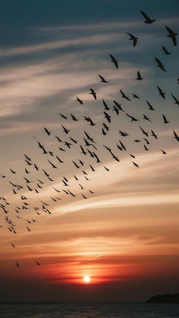 Vista de um bando de pássaros voando para um belo céu durante o pôr do sol