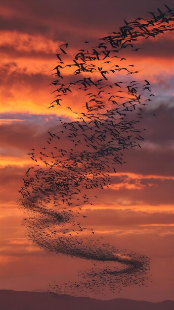 Vista de um bando de pássaros voando para um belo céu durante o pôr do sol