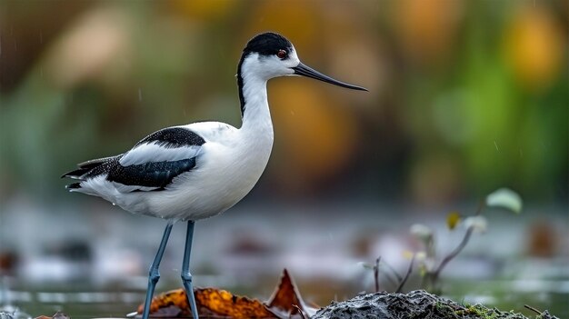 Vista de um belo pássaro branco e preto avocet corpo completo