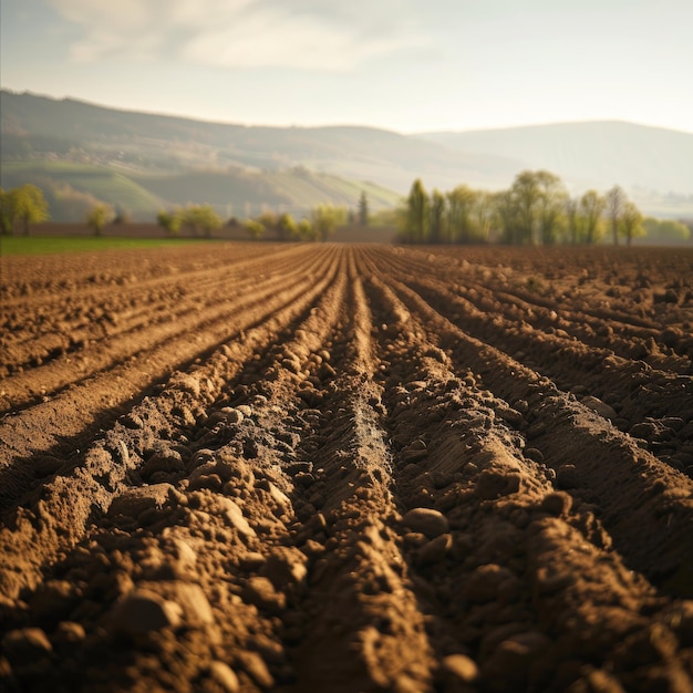 Foto vista de um campo arado em um dia ensolarado conceito agrícola