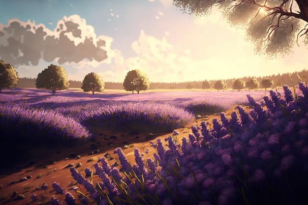 Vista de um campo de lindas flores roxas de lavanda inglesa à distância com um céu brilhante ao fundo