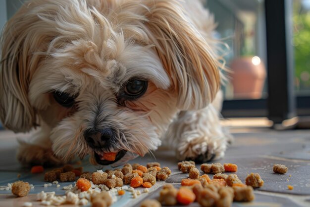 Vista de um cão comendo comida de uma tigela