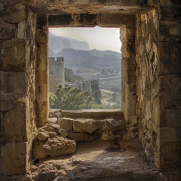 Vista de um castelo através de uma janela