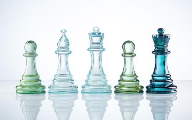 Vista de um conjunto de xadrez de vidro em fundo branco