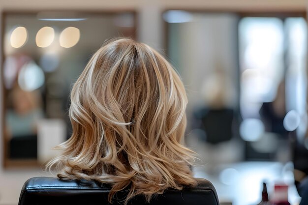 Foto vista de um corte de cabelo loiro em camadas da parte de trás em uma cadeira de salão conceito de penteado penteado loiro de camadas de salão