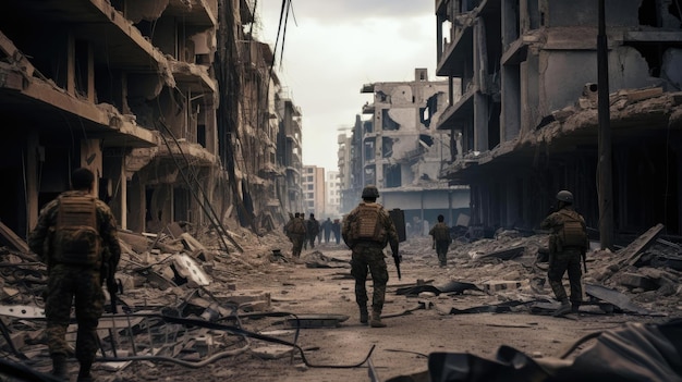 Vista de um edifício em ruínas de uma cidade devastada pela guerra