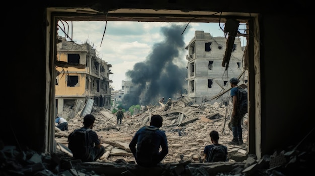 Vista de um edifício em ruínas de uma cidade devastada pela guerra