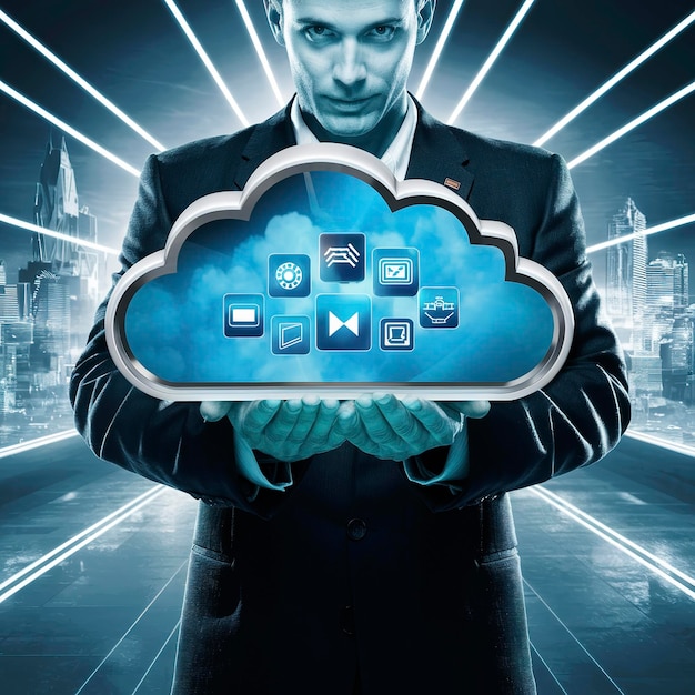 Vista de um empresário segurando um ícone de nuvem de multimídia