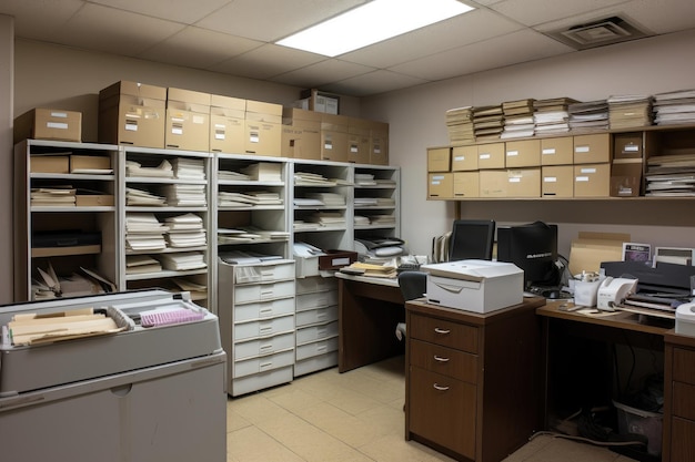 Vista de um escritório bem organizado com arquivos e documentos criados com IA generativa
