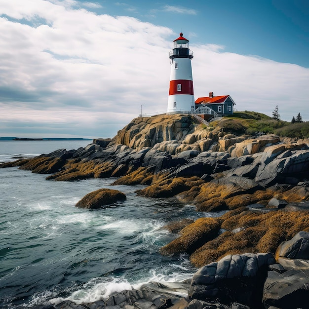 Vista de um farol em uma praia rochosa