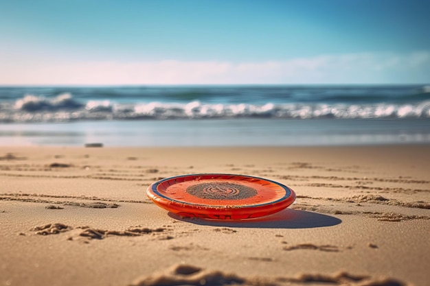 Vista de um Frisbee na areia de uma praia