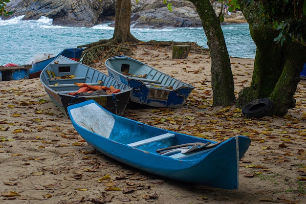 Vista de um grupo de barcos de pesca na areia da praia