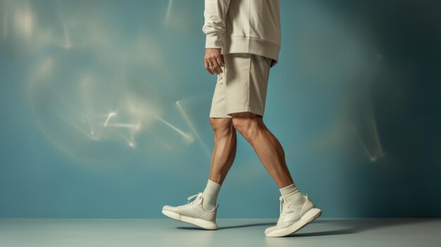 Vista de um homem com pernas protéticas e tênis brancos