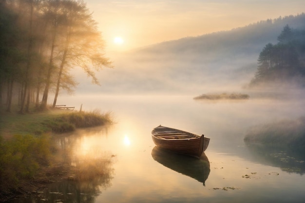 Foto vista de um lago com um barco de madeira flutuando nele ao sol