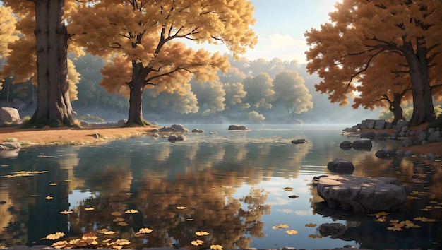 Vista de um lago sereno cercado por árvores antigas na estação de outono