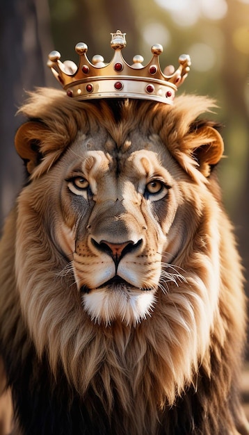 Foto vista de um leão com uma coroa na cabeça