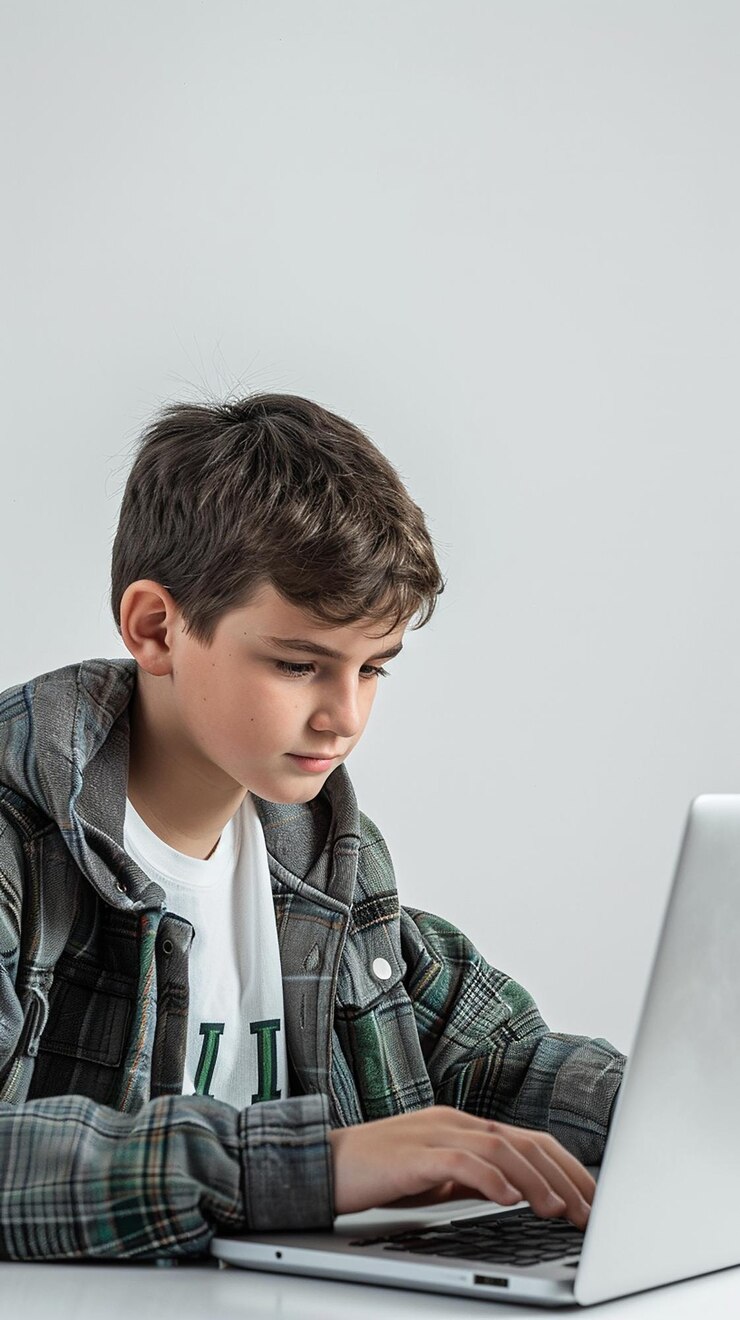 Foto vista de um menino usando um laptop com fundo branco