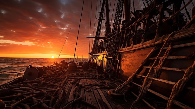 Vista de um navio de vela pirata navegando em direção ao pôr do sol