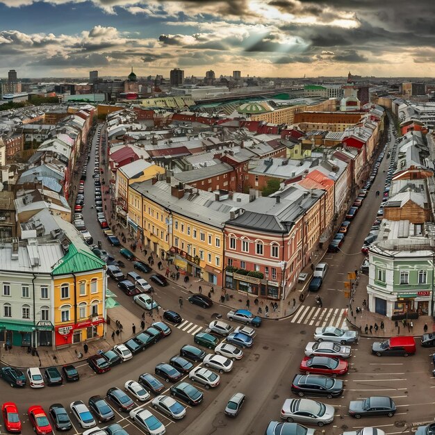 Foto vista de um olho de pássaro para a cidade de kiev rua com um monte de carros estacionados