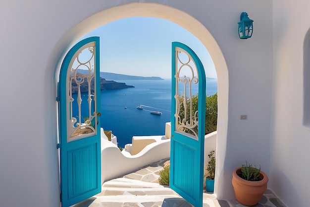 vista de um portão arqueado com vista para a praia do mar vivendo o estilo da ilha de Santorini