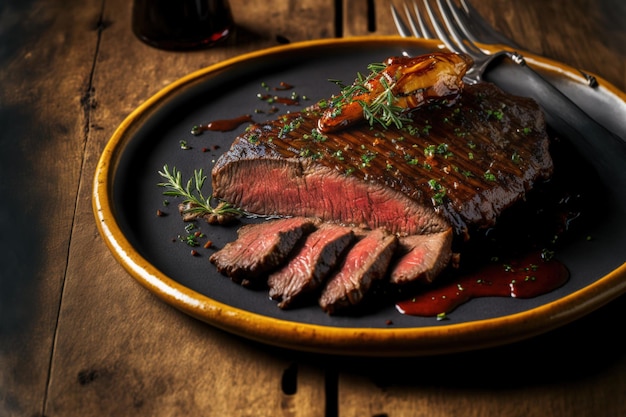 Vista de um prato com um bife plano feito de peito de carne assada de perto