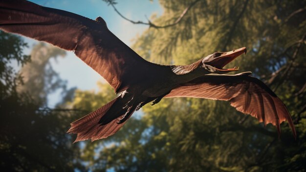 Foto vista de um pterodáctilo gigante acima das árvores em um ambiente antigo