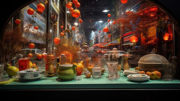 Foto vista de um restaurante com uma mesa suntuosa cheia de delícias deliciosas