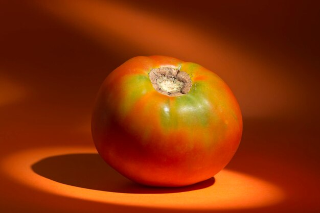 Vista de um tomate em um ambiente de cores vermelho e laranja iluminado como uma estrela de palco