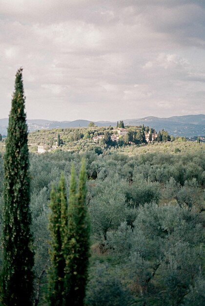 Vista de uma antiga vila entre árvores verdes em um parque contra o pano de fundo das montanhas Florença Itália