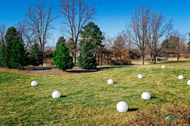 Foto vista de uma bola de golfe no campo contra o céu