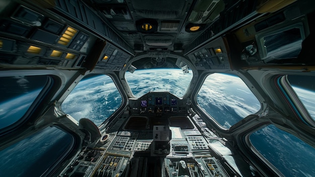 Vista de uma cabine de um ônibus espacial com a Terra visível através das janelas enquanto orbita o planeta