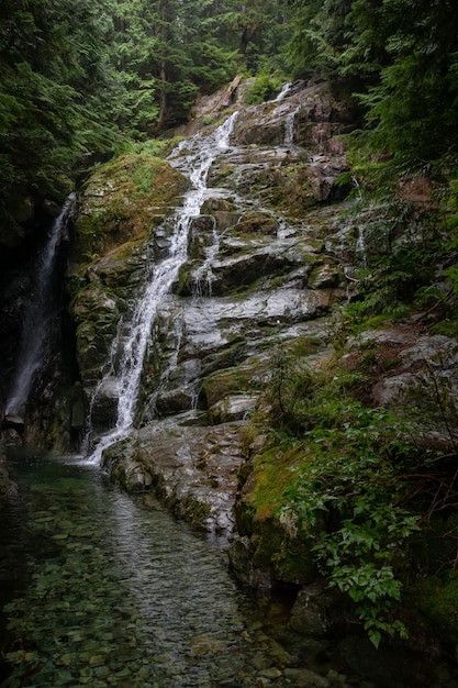 Vista de uma cachoeira durante um dia de neblina