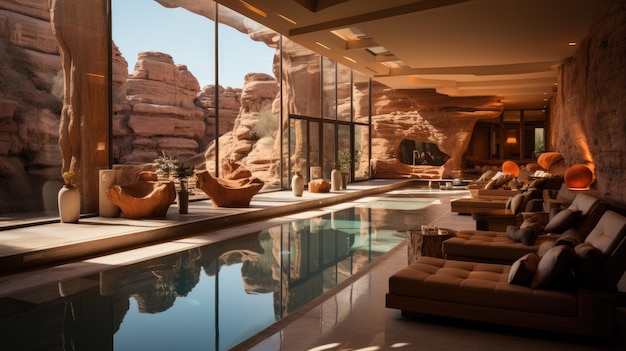 vista de uma caverna no deserto com uma piscina de banho de primavera