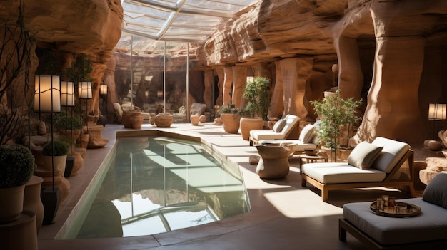 vista de uma caverna no deserto com uma piscina de banho de primavera