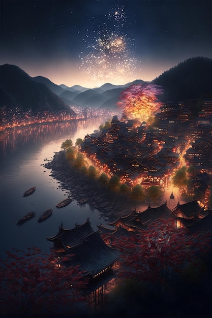 Vista de uma cidade à noite com fogos de artifício no céu generativo ai