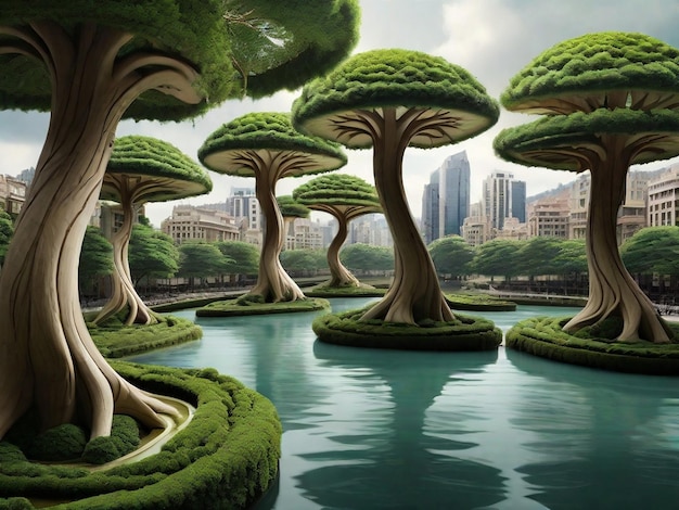 Vista de uma cidade futurista com muita vegetação e vegetação Dia Mundial da Educação Ambiental