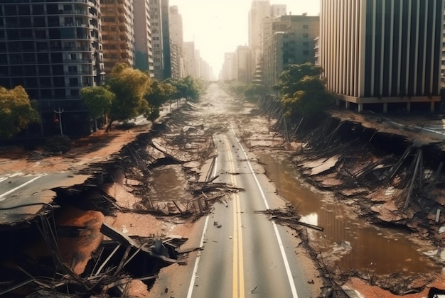 Vista de uma estrada de asfalto no meio de uma área urbana com prédios que desabaram devido a desastres naturais generative ai