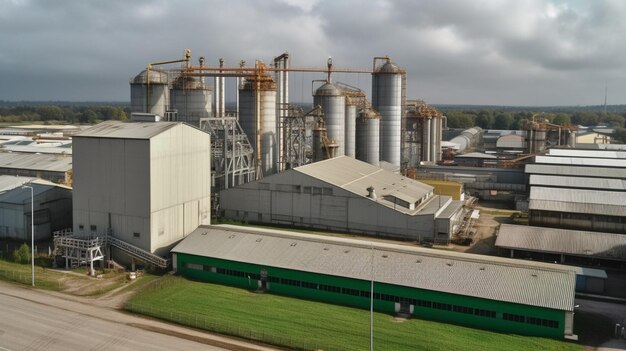 Foto vista de uma fábrica com um trem verde em primeiro plano.