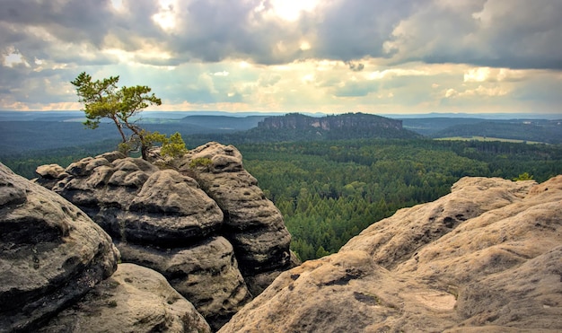 Vista de uma formação rochosa no Elbsandsteingebirge na Alemanha