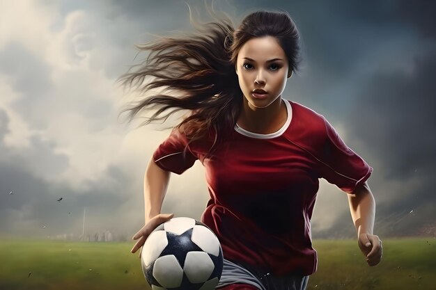 Foto vista de uma jogadora de futebol no campo com grama ai gerado