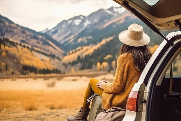 Vista de uma jovem viajante sentada em um carro hatchback Uma viajante feliz olhando para o fundo da montanha Criada com a tecnologia Generate Ai