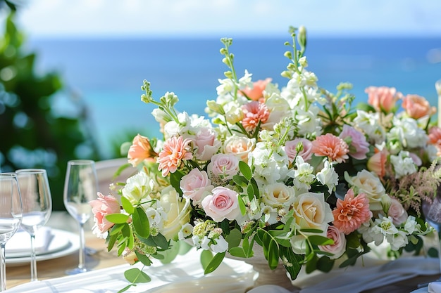 Vista de uma mesa decorada com um grande e lindo buquê de flores em um fundo de mar azul